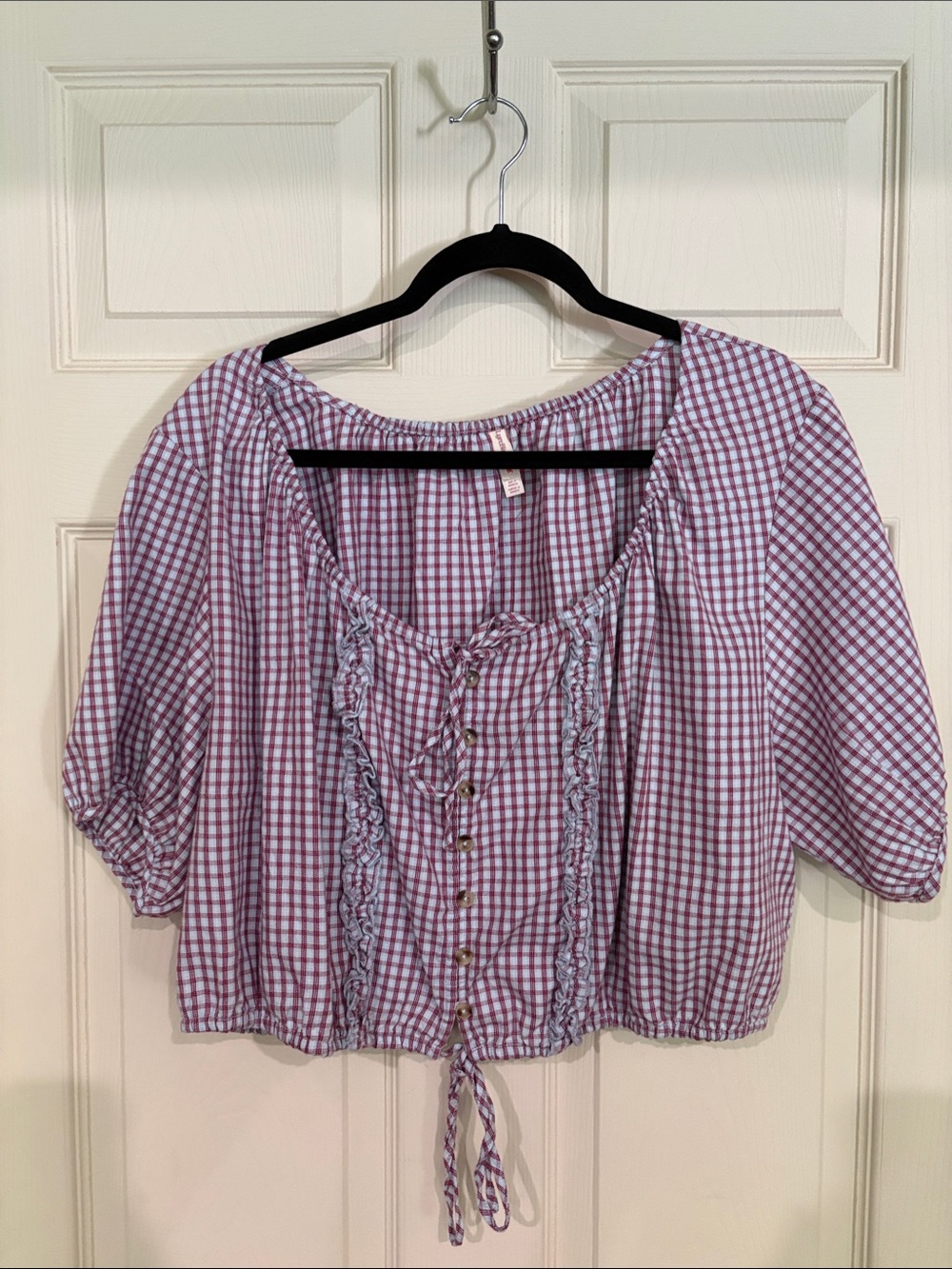 Anthropologie Lyrebird Gingham Peasant Blouse in Light Blue and red